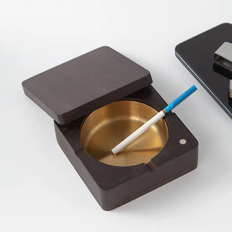 

New Creative Ashtrays With Lid Walnut Wood Desktop Ashtray Stainless Steel Windproof Ash Tray for Smoking Office Home Decoration
