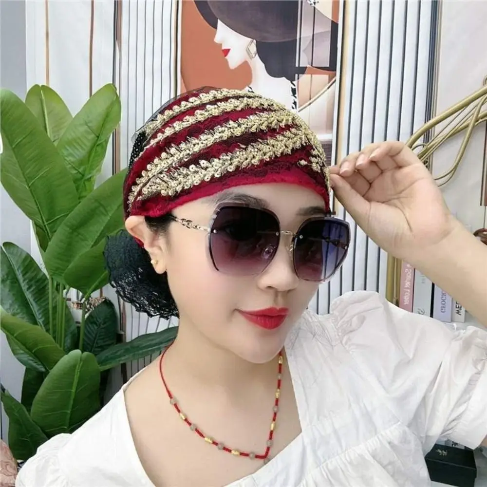 Head Scarf Lace Turban Hats Rhinestone Elastic Tie Hijab Summer Thin Headscarf Hedging Caps Flower Islamic Under Scarf Girls