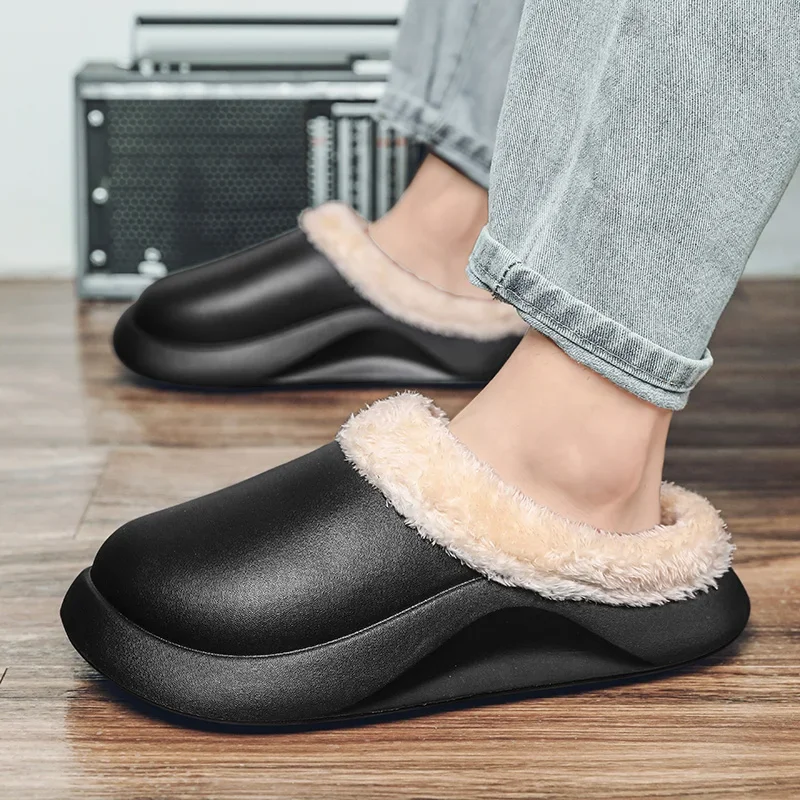 Winter Men Slippers Waterproof Non-slip Warm Furry Slides Indoor Home Cotton Shoes Male Fluffy Clogs Casual Plush Loafers 40-45