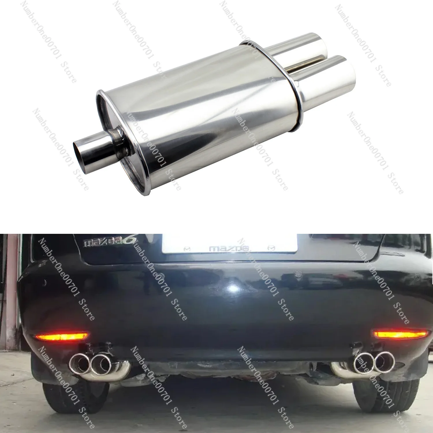 Universal Stainless Steel Exhaust Muffler, Straight Through Performance Muffler with Dual Tip, Car Exhaust Upgrade Kit