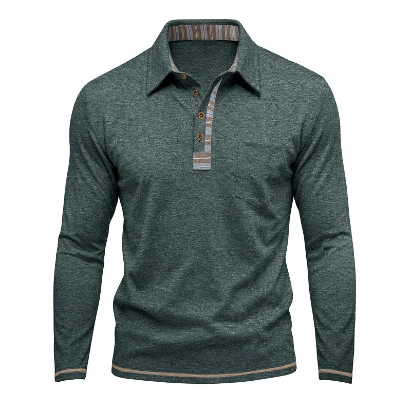 POLO Shirts Cross-border Casual Fashionable Men's Top with Pocket Base Men's Clothing with Button-up Lapels Long-sleeved Cotton