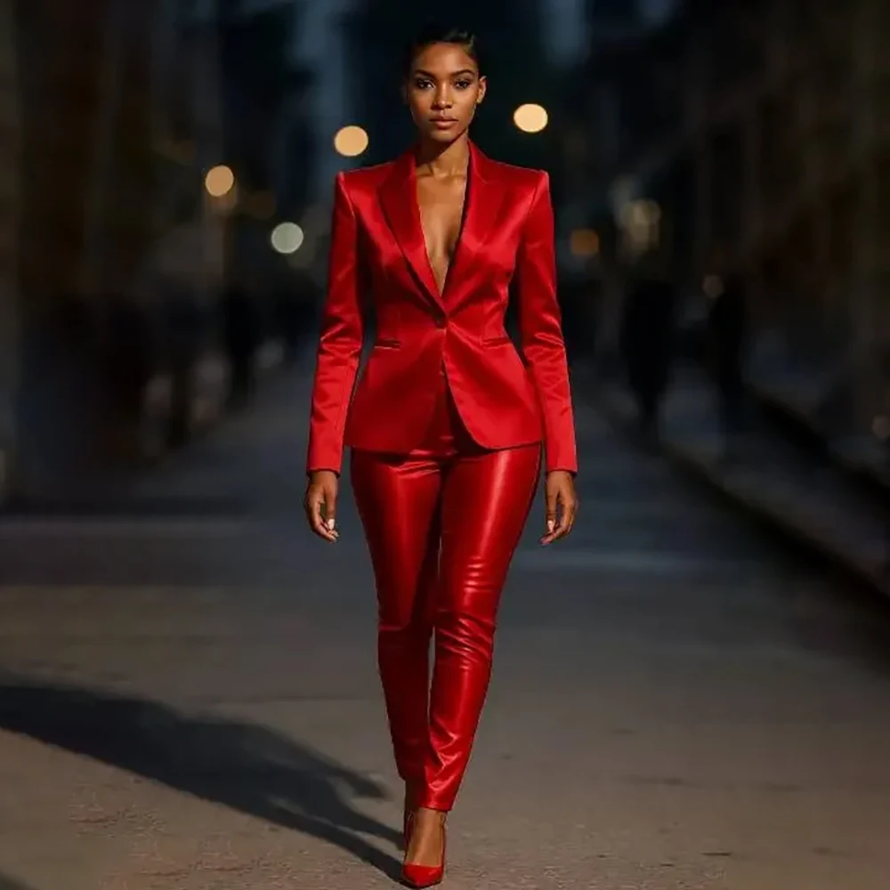 

Red Women's Suits Formal Single Breasted Peak Lapel Slim Fit 2 Piece Jacket Pants Full Sets Elegant Office Lady Outfits Costume