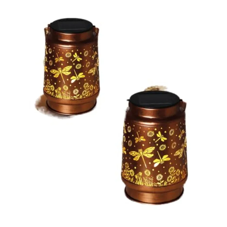2 Pack Dragonfly Solar Lanterns Outdoor Waterproof Rose Garden Decor Gifts for Women Mom Grandma Hanging Solar Lights Metal Lan