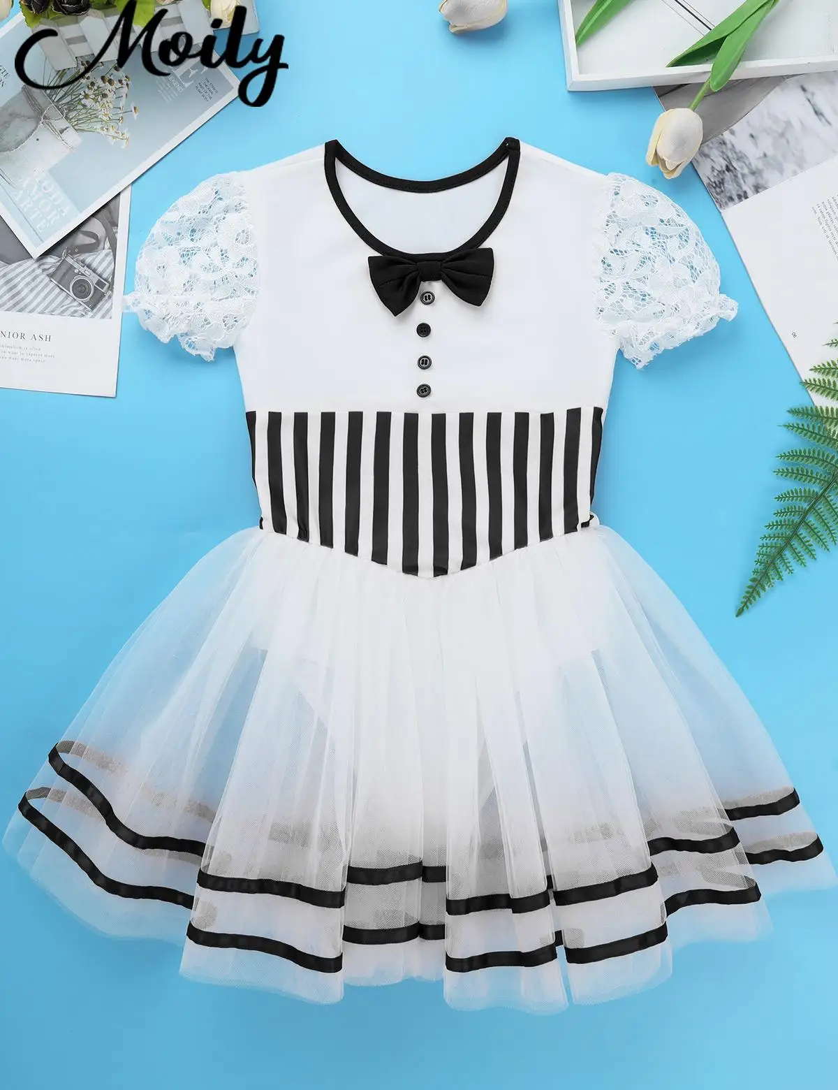 

Ballet Skating Leotard Dress for Girls Short Lace Puff Sleeves Baton Twirling Mesh Dance Dresses for Christmas Dress-up Party