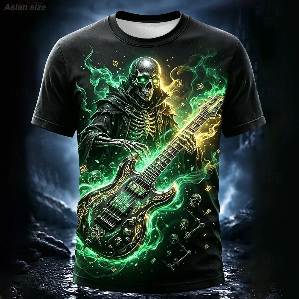 Halloween Men's Skull Optical Illusion Guitar T Shirt Short Sleeve 3D Print Crew Neck