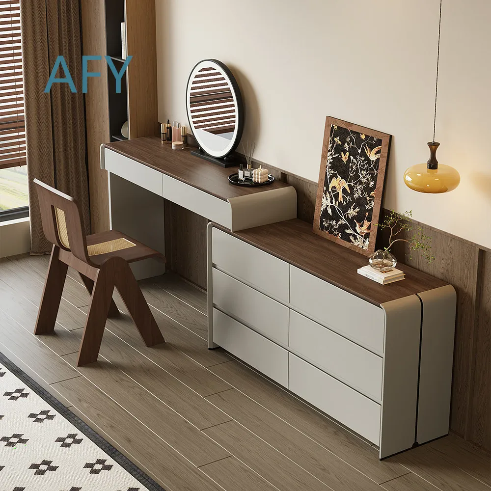 Solid Wood Panel Dressing Table with Storage Cabinet LED Mirror for Italian Minimalism Telescopic Luxury High-end Master