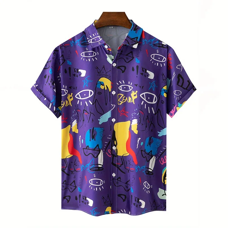 Men Summer Polyester Casual Shirt Black Background Graffiti Art 3D Print Lapel Short Sleeve Hawaiian Shirt
