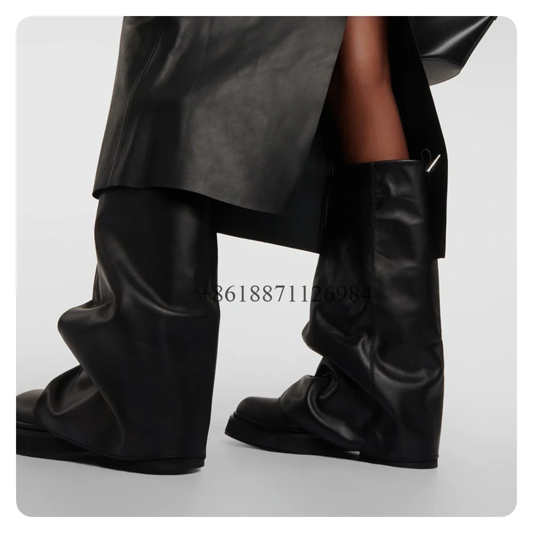 여성용 진짜 가죽 솔리드 라운드 토 미드 카프 플랫폼 나이트 부츠, 청키 로우 힐 슬립온 디자인, 대형 사이즈 신발