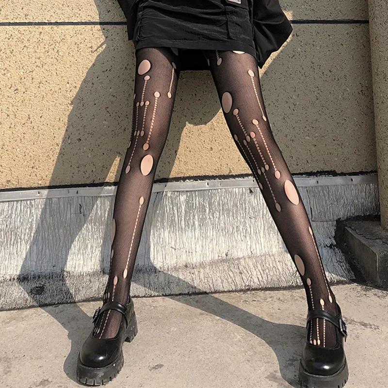 Sexy Women Retro Distressed Ripped Hole Black Pantyhose New Hollow Out Mesh Fishnet Silky Tights Stockings Sexy Lingerie Mesh