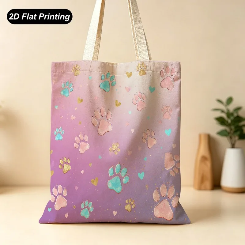 1PC【Tote Bag】2DFlat effect New large-capacity tote bag，Pink and purple gradient paw heart pattern Printed Design - Not Textu