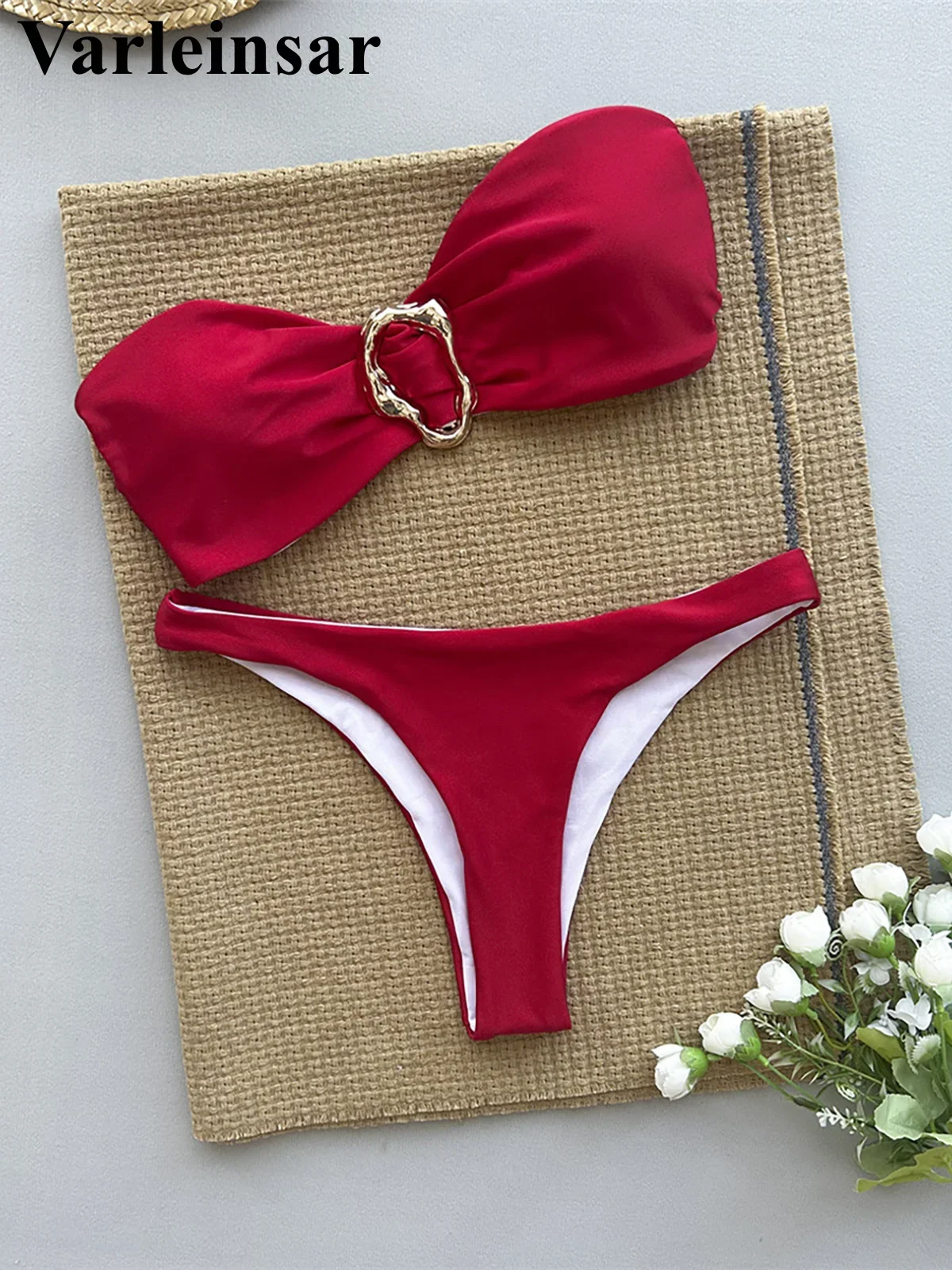 

Bandeau Metal Ring Bikini Women Swimwear Female Swimsuit Two-pieces Bikini set Brazilian High Cut Bather Bathing Suit Swim V5940