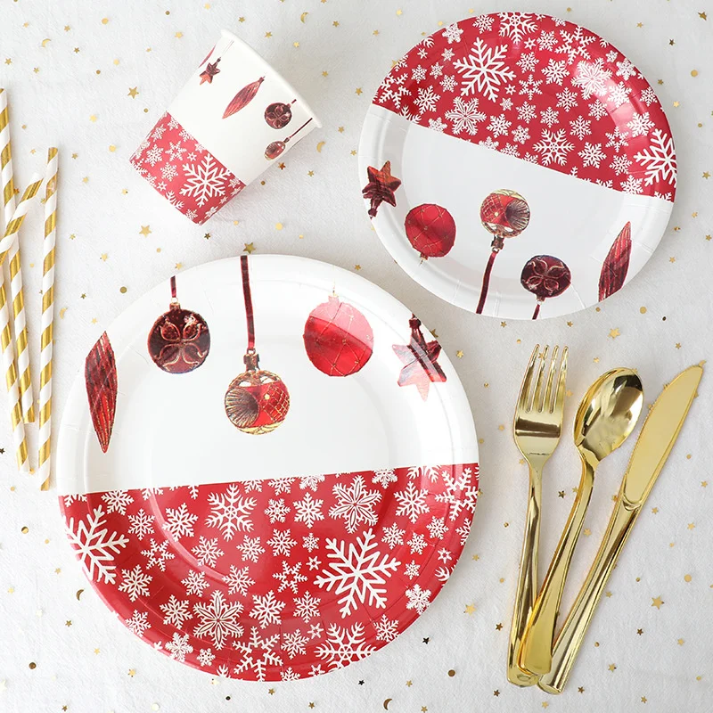 

Christmas Decoration Paper Plate Paper Cup Round Dinner Plate Disposable Cutlery Set New Year Party Cake Plate Wholesale
