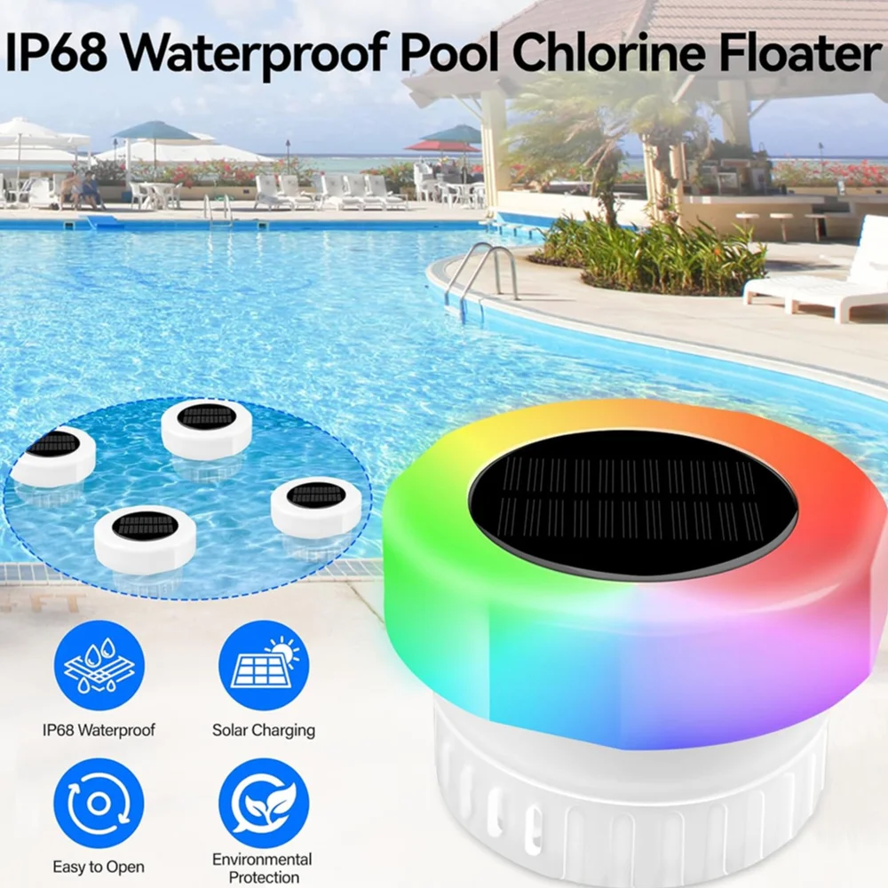 Solar Floating Chlorine Dispenser with Colorful Light Pool Chlorine Tablet Dispenser IP68 Waterproof for Up To 3 Inch Tablets