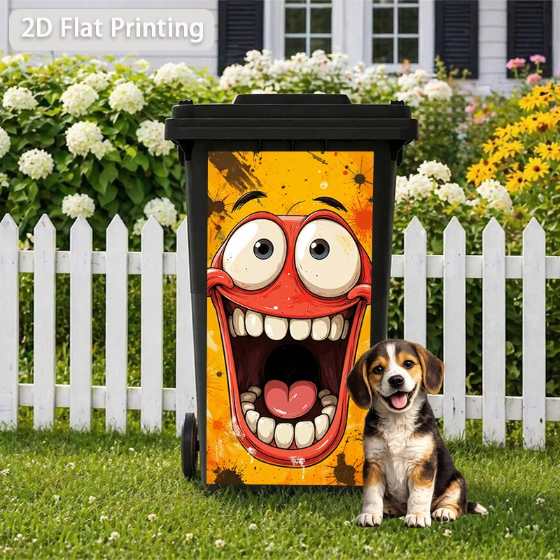1pc Yellow Splash Ink Cartoon Laughing Face Themed Trash Can Decal Wall Sticker, suitable for outdoor trash can, home decoration