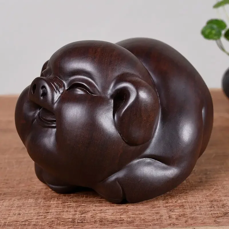 High Quality Lucky Cute Pig Solid Wood Carving Office Decoration Ebony Mahogany Artifact Artware Propitious Gift Mainland China
