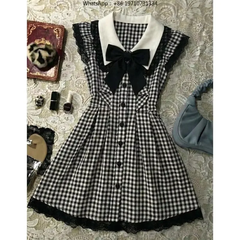 Women Japanese Kawaii Y2K Mini Dress Ruffle Plaid Sling Vintage Summer Street Style