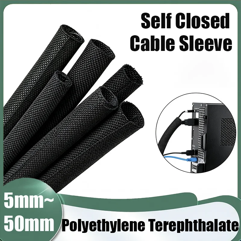 1/3/5/10Meter Φ5mm~50mm Black Self Closing PET Expandable Braided Sleeve Insulated Wrap Self Close Sleeved Cable Protecter