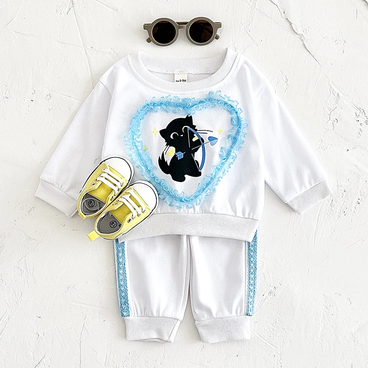 0-3Y Baby Sets Girls Fall Sports Suit Lace Heart-Shaped Cartoon Kitten Top+Pants Newborn Baby Clothes Infant Toddler Sweatshirt