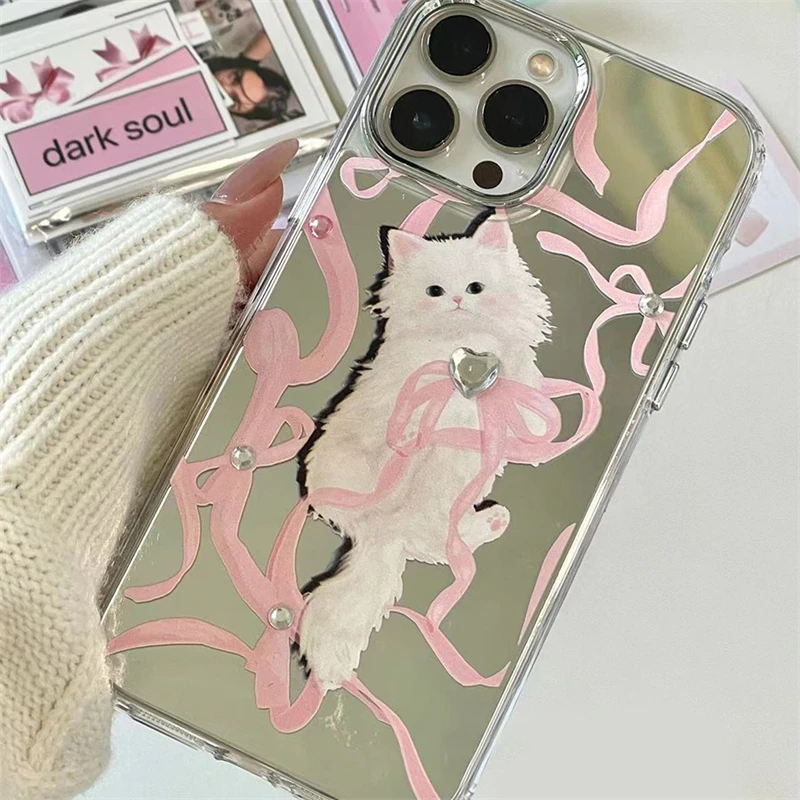 INS Korean Cute Cat Makeup Mirror Phone Case For iPhone 16 15 14 Pro Max 13 12 11 Cartoon Girl Diamond Shell Soft Back Cover