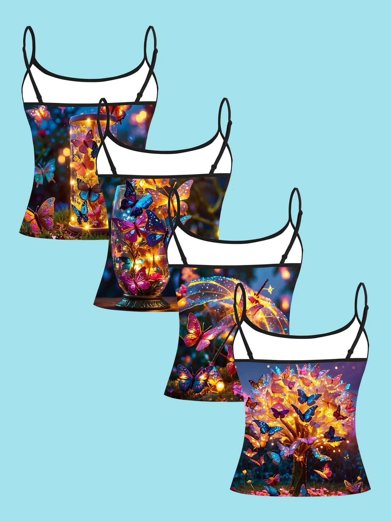 4-Piece Set of Women's Spaghetti Strap Camisoles with Magic Lantern, Firefly, Butterfly, and Night Scene Art Prints, Slim-Fit Sleeveless Tops, Dreamy Ambiance Outerwear and Inner Layering Shirts