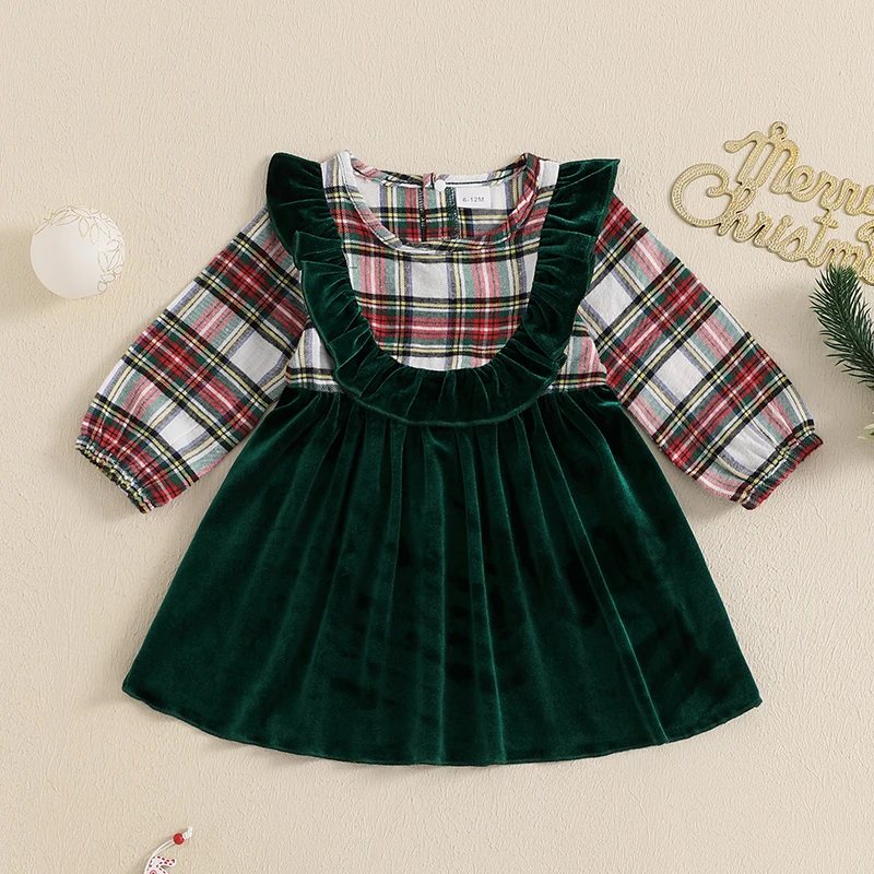 1-4Years Kids Baby Girl Christmas Dress Plaid Print Velvet Patchwork Long Sleeve Crew Neck Ruffled A-Line Dress for Party