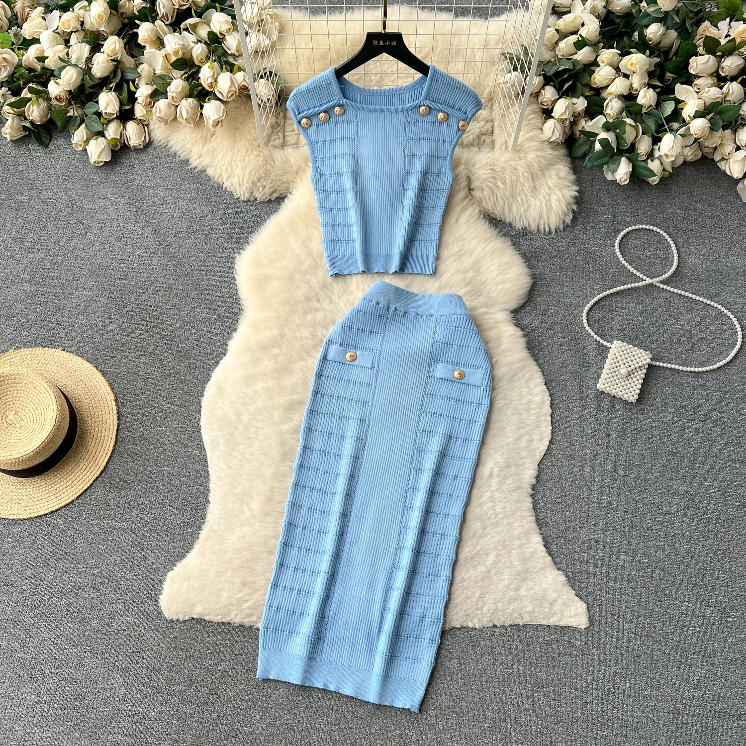 REALEFT Summer 2 Pieces Buttons Women\'s Knitted Skirts Suits Green O-Neck Tank Tops and Wrap Sheath Skirts Sets Outfits 2024 New