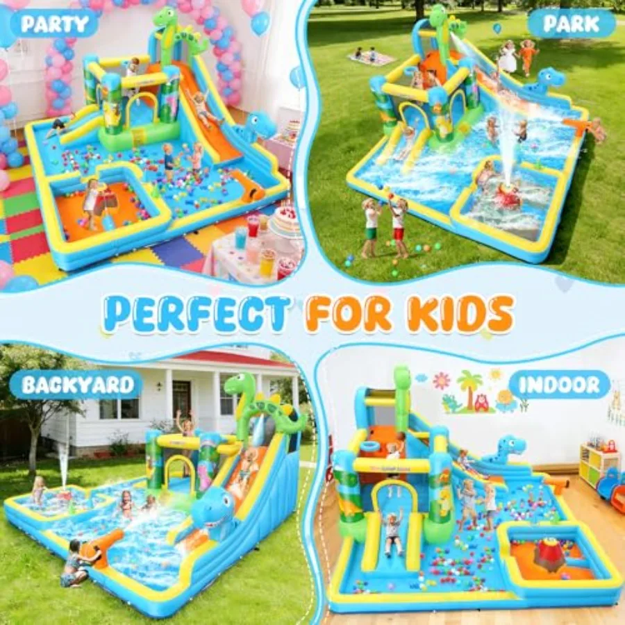 Outdoor backyard inflatable water slide: dinosaur-themed 13-in-1 bounce house for kids 3-12 PVC material blue-green color dual view 3