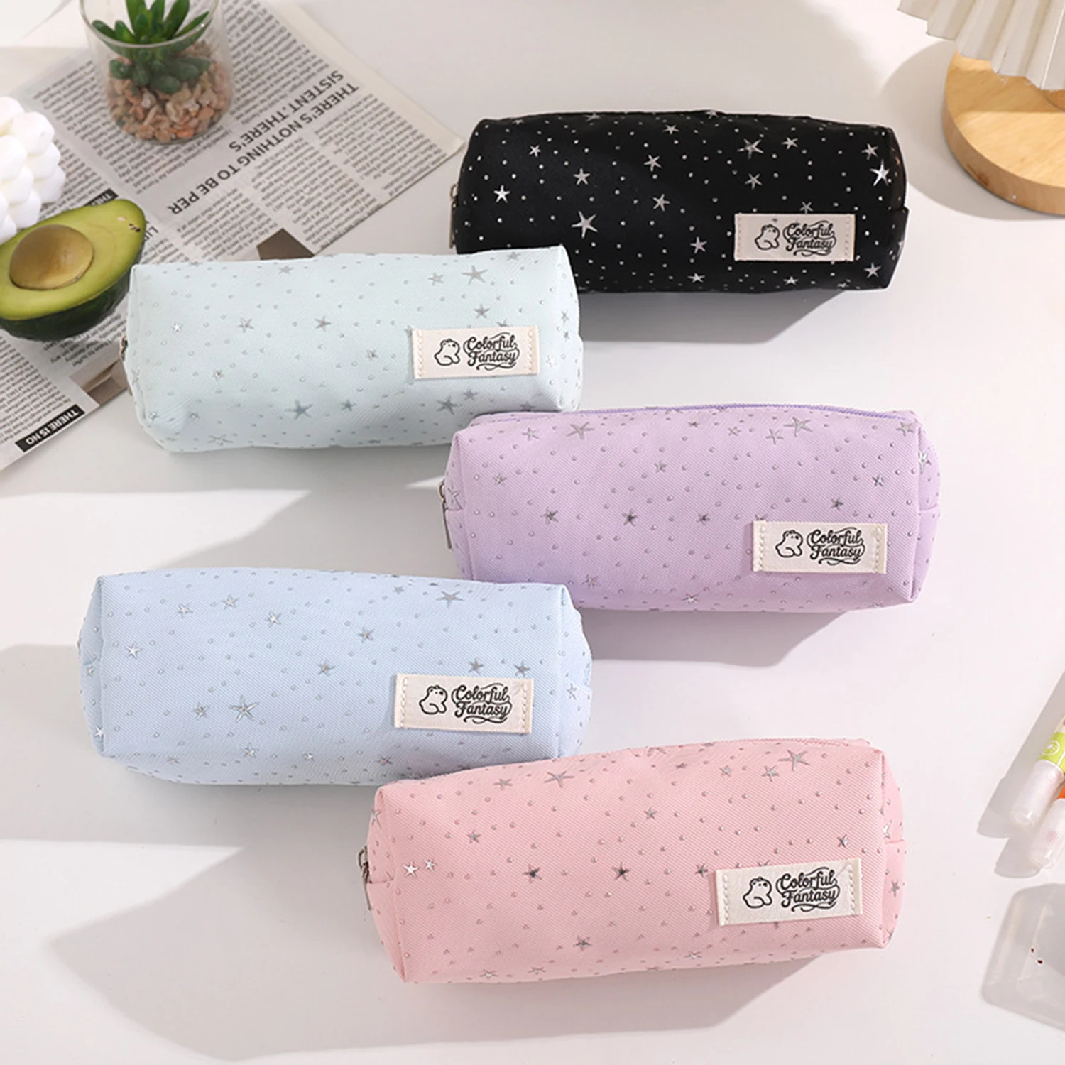 Trousse à crayons à pois et étoiles, sac de rangement minimaliste pour la papeterie des étudiants, organisateur de bureau portable, rentrée scolaire