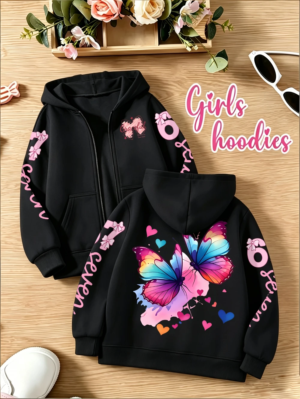 Kids Boys Girls Black Butterfly Zip Up Hoodie Sweatshirt Graphic Bow Number 67 Cardigan Coat Present Fall Winter Gift Outerwear