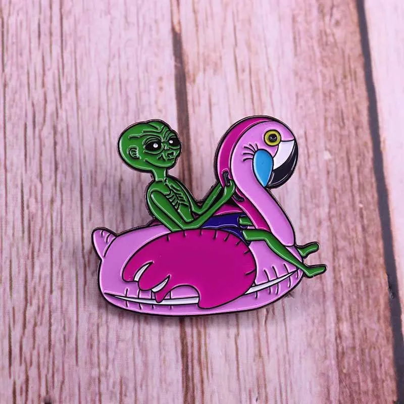 Hard Enamel Pins Green Alien Spaceship Cute Cat UFO Avocado Bags Lapel Badge Cartoon Brooches Jewelry Gift For Friends Wholesale