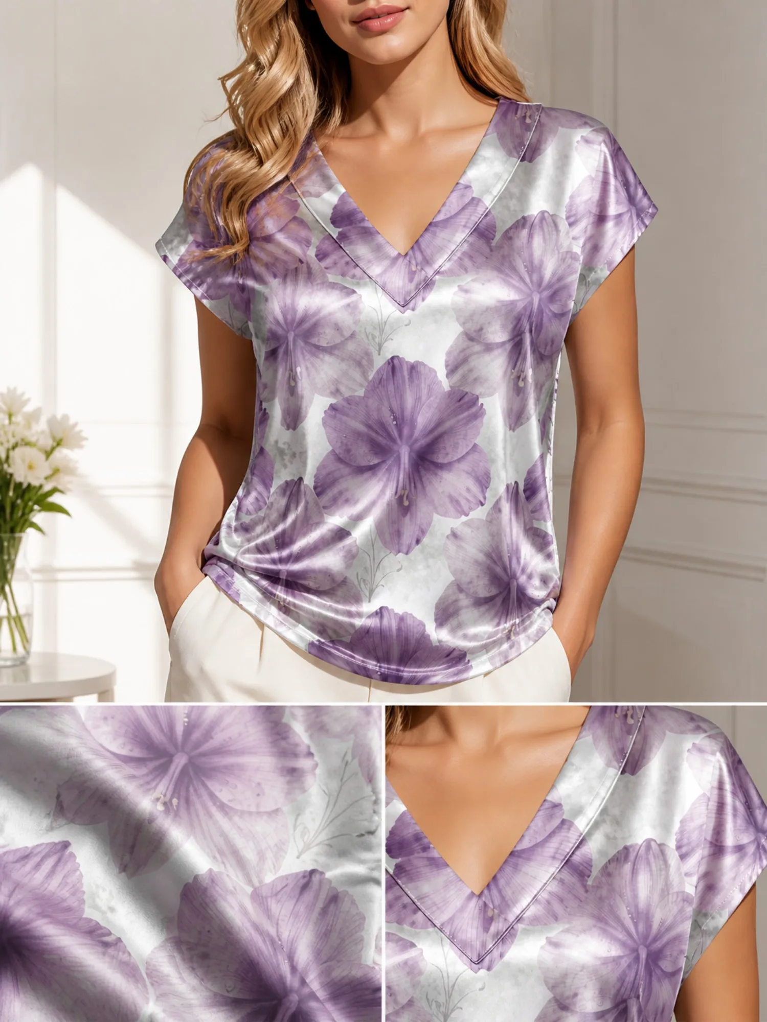 Floral Satin V Neck Top for Women Cap Sleeve Easy Draped Fit Silky Travel Cafe Leisure Wear Lightweight Breathable Boutique Airy