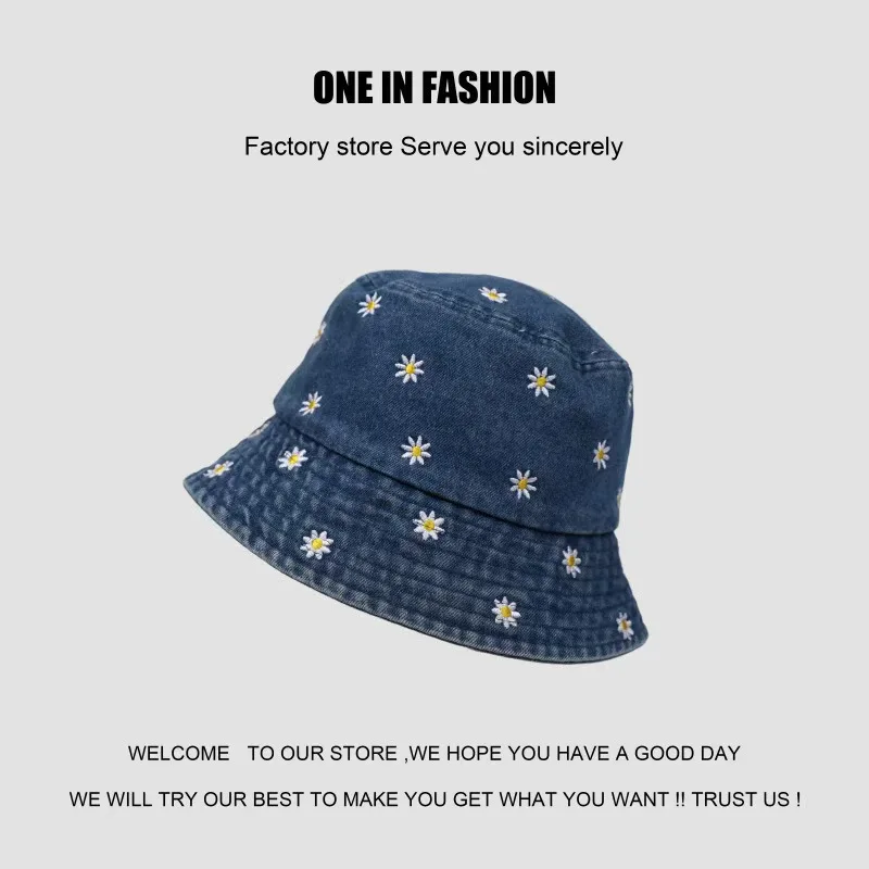 Women Daisy Denim Bucket Hat Summer Floral Fisherman Cap UV Protection Sun Hat Outdoor Travel Beach Casual Foldable Panama Hat