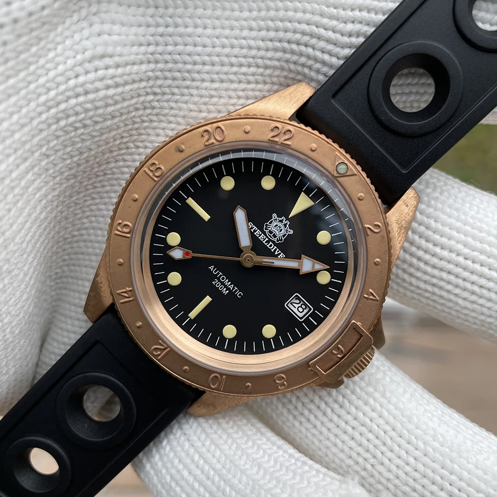 STEELDIVE Marke SD1966S 41,5 mm massive Bronze-Lünette C3 grün leuchtende NH35 200 m Saphirglas automatische Herren-Taucheruhren aus Bronze