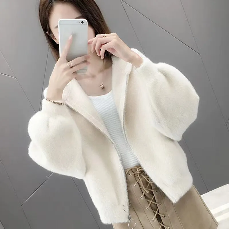 2023 New Spring Furry Hooded Jacket Imitating Mink Fur, Youthful And Fashionable Short Sleeved Cardigan For Women