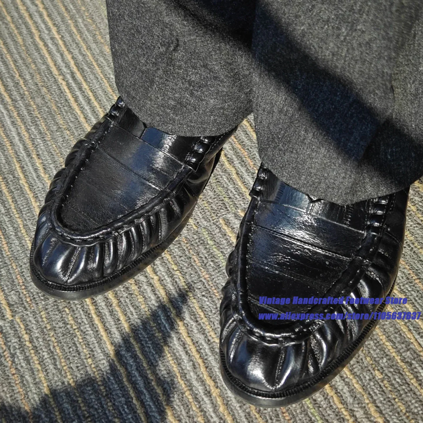 Black Leather Ruched Slip On Loafers Men Soft Flat Shoes Slip On Flat Oxford Dress Shoes Designer Handcrafted Men's Shoes