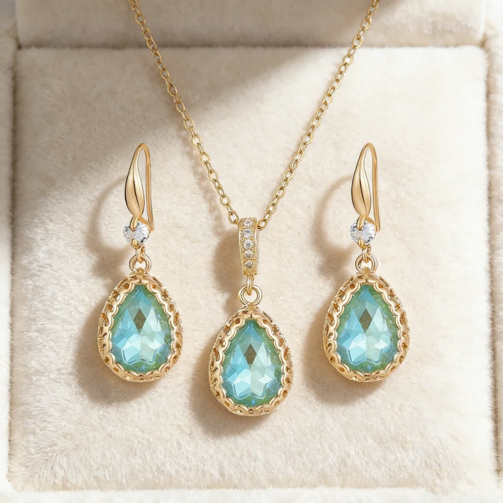 Charm Green Crystal Teardrop Dangle Earrings Clavicle Necklaces For Women Bridal Jewelry Sets Valentine Day Mother Plot Gifts