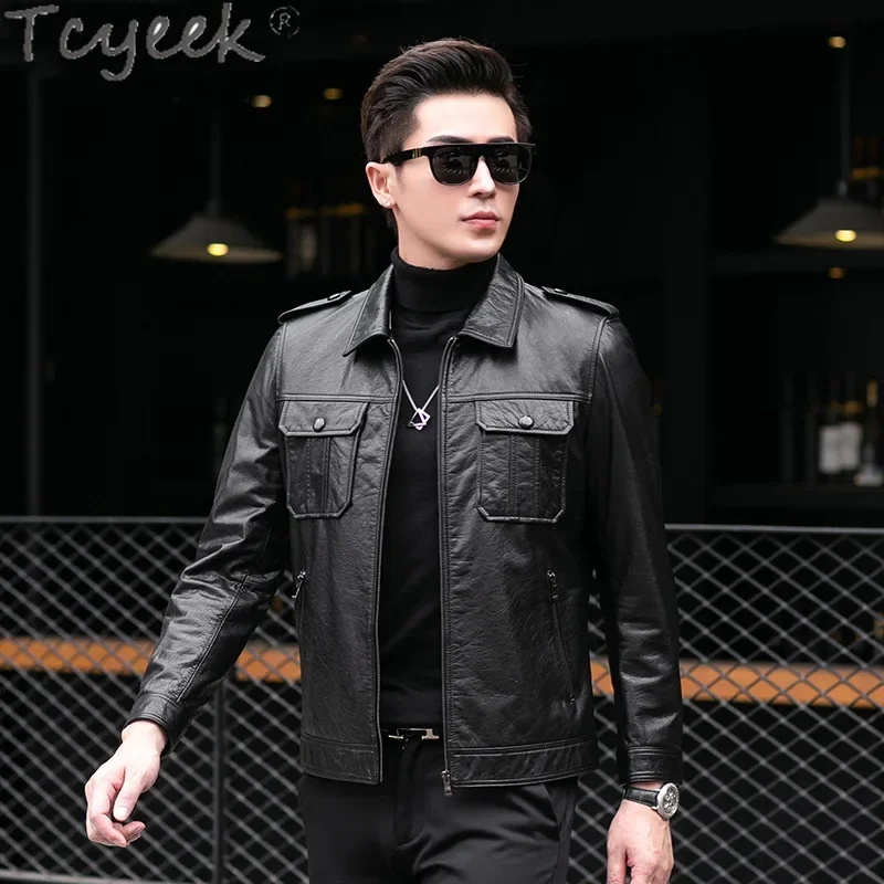 Tcyeek Spring Fall Oil Wax Top Layer Cowhide Genuine Leather Jacket Men Clothes Short Coats Fashion Casual Men's Leather Jackets