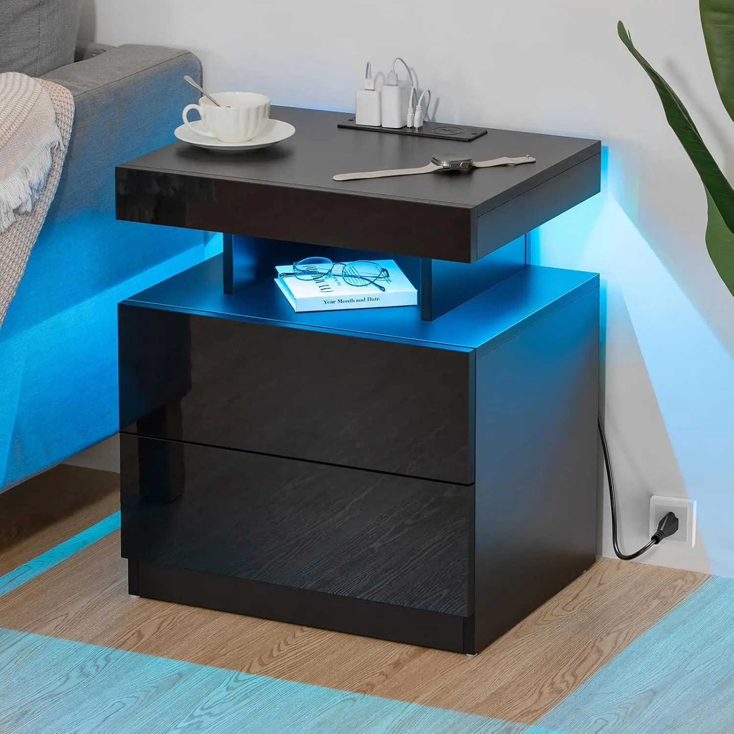 Led Nightstand With Wirel Charging Station & Usb Ports High Gloss Bedside Table With Led Light Rgb Adjustable Brightn Smart
