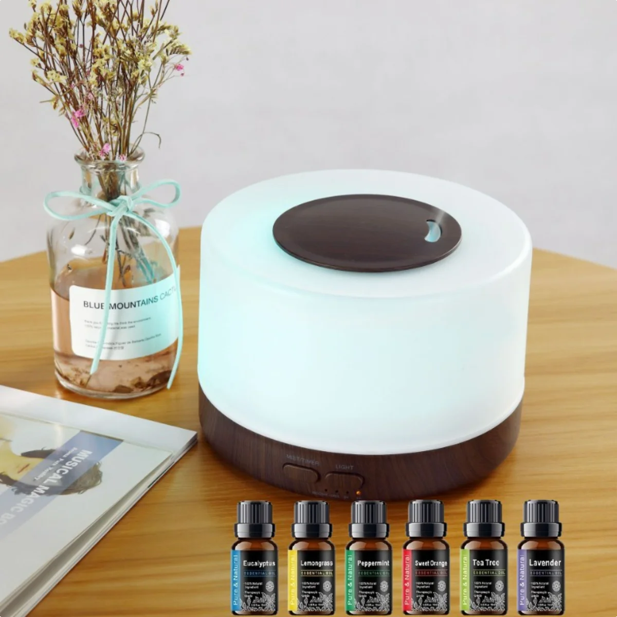 

Luxury Wood Pattern Aromatherapy Diffuser - 500ml 7-Color LED Humidifier w/ Remote & 6 Premium Essential Oils (Ultrasonic Cool M