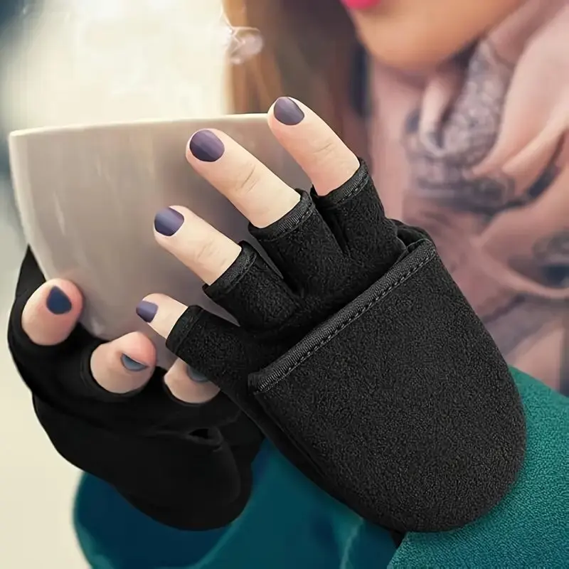 Winter warm Gloves Fingerless Convertible Thermal Mittens Gloves Windproof Polar Fleece Warm men women double-layer Flap Gloves