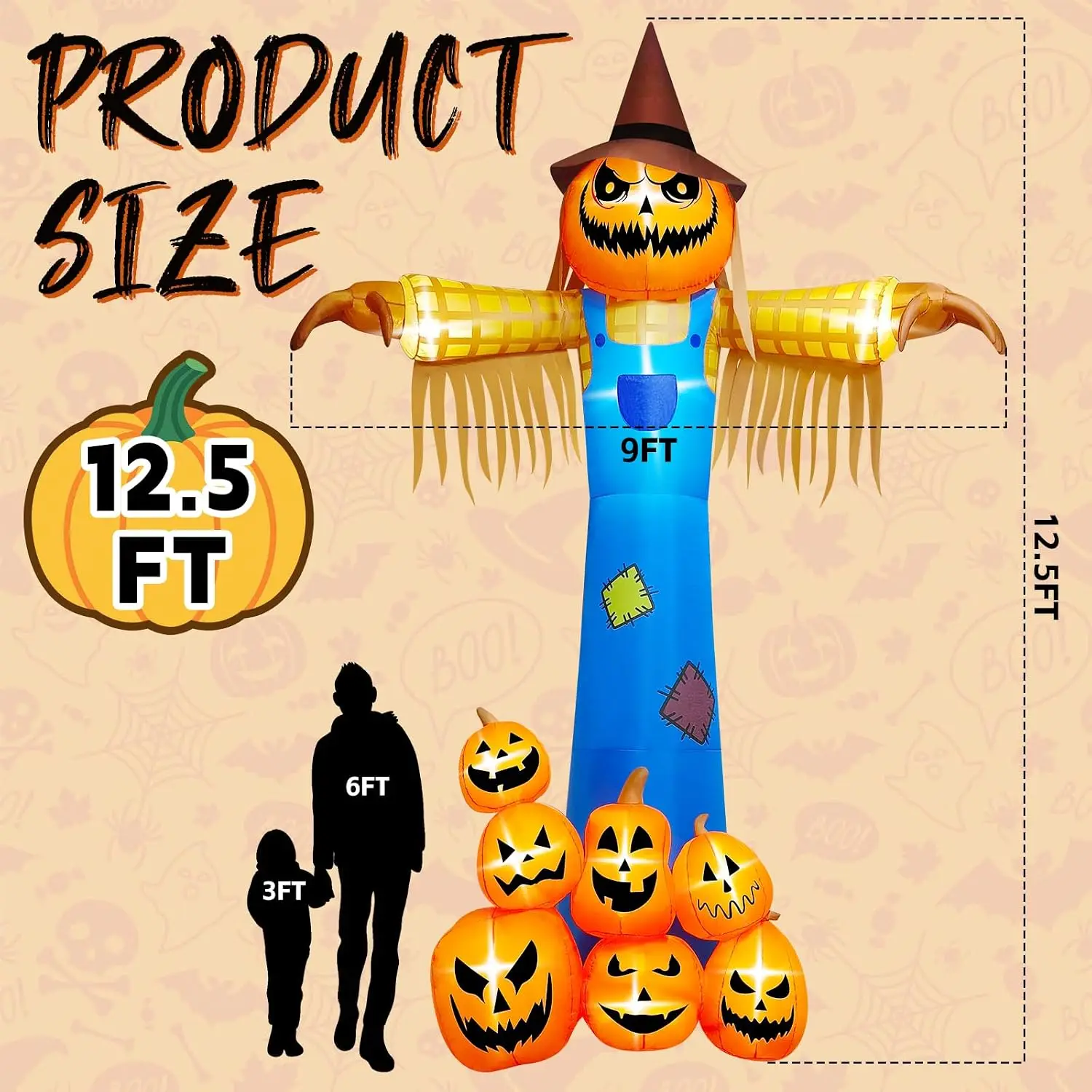 12.5-Foot Giant Pumpkin Scarecrow Halloween Inflatable with Music and Scary Sound – Blow-Up Yard Decoration for Outdoor Garden Lawn Holiday Party Supplies