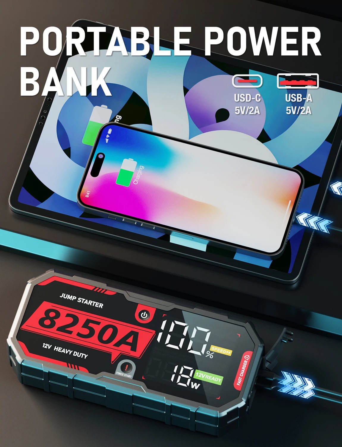 المحمولة سيارة الانتقال كاتب 8250A 12 فولت 32000 مللي أمبير قوة البنك بطارية الداعم مكثف فائق الانتقال كاتب ل كاتب السيارة