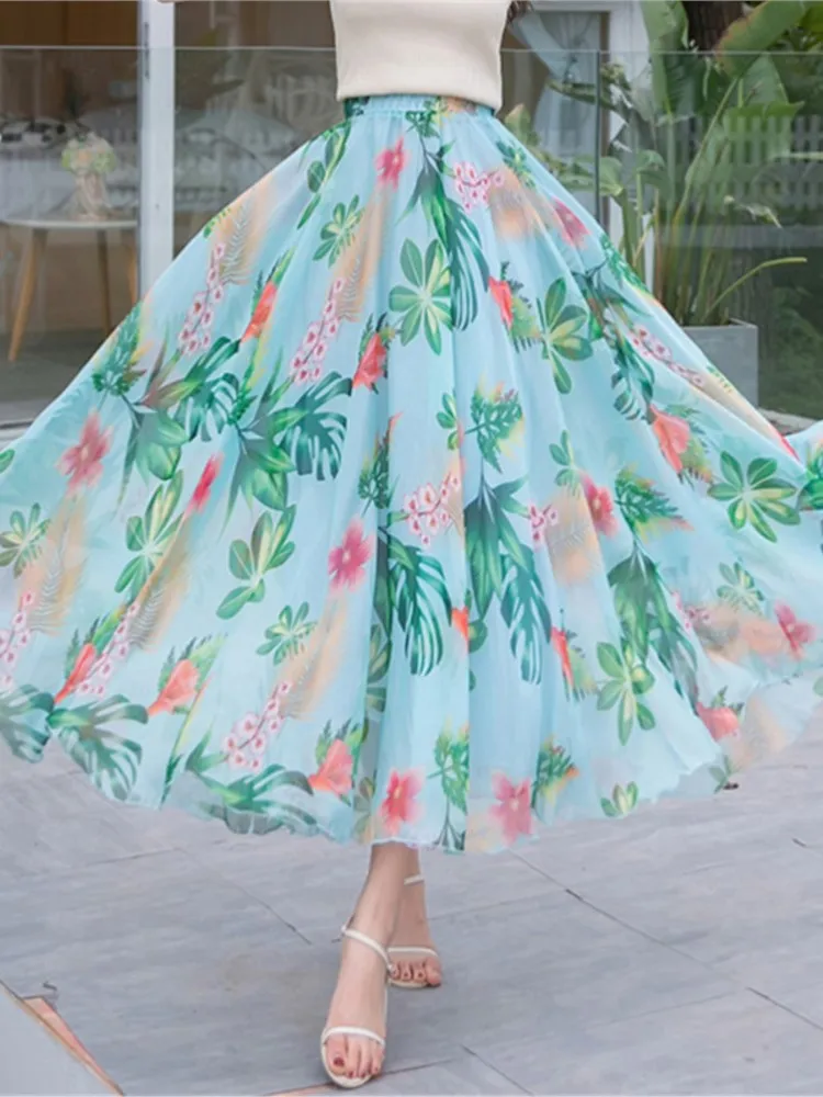 New Elegant Skirts For Women Spring Summer Chiffon Half-body Skirt Crushed Flower Vacation Style Women's Beach Pleated Skirt
