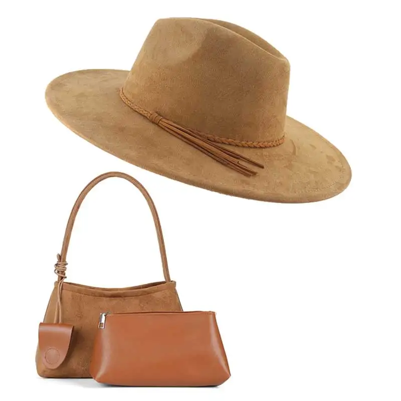 Vegan suede hat and bag set 9.5 cm brim Teardrop shape jazz hat unisex panama hat women's Laser-compatible fedora