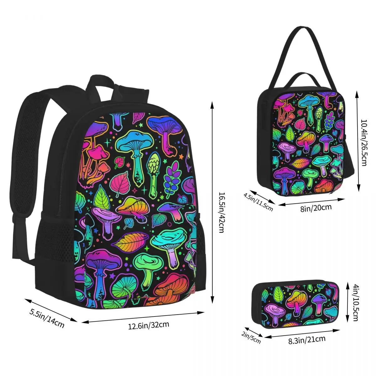 Psychedelic Magic Rainbow Mushrooms Backpacks Boys Girls Bookbag School Bags Children Rucksack Lunch Bag Pen Bag Three-Piece Set