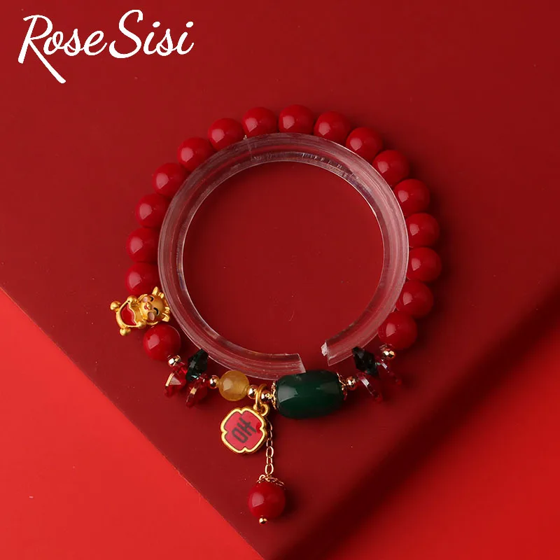 Rose sisi Chinese Style New Year Dragon Zodiac Bracelet for girl Red Coral Beads Elastic Handrope hansel Clothing accessories