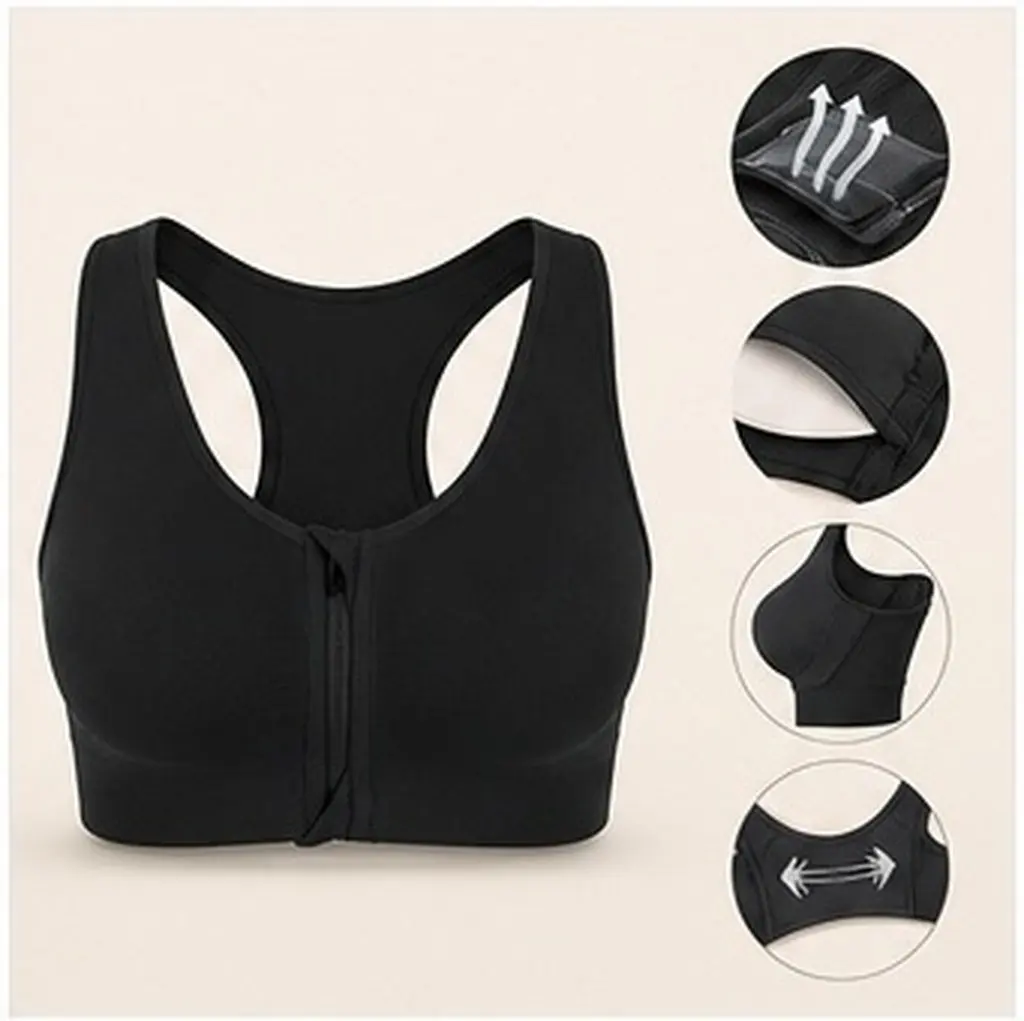 Sports Vest Front Zipper Wireless Shockproof Running Fitness Yoga Bra Padded Breathable Push Up Bra for Women Size M Black
