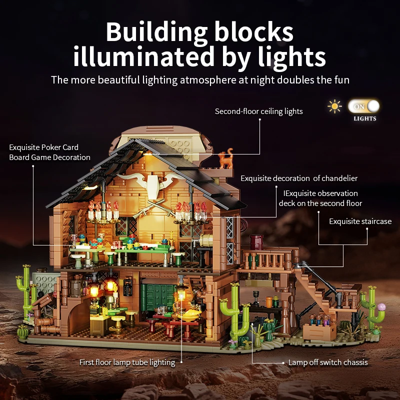 1902PC Western Cowboy Tavern Building Blocks With Lights House Villa Assembly Rechargeable Bricks Model Street View Toys Decor