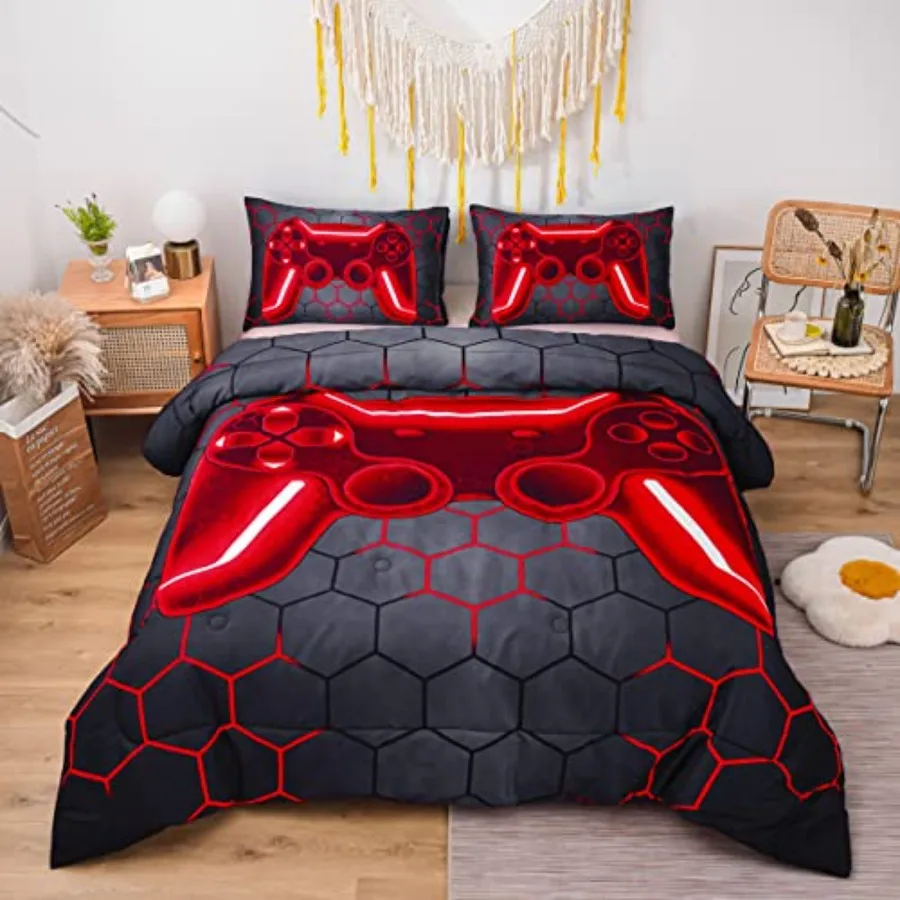 

Game Console Comforter Set for Boys Girls 3D Gaming Geometric Lightweight Microfiber Gamer Bedding Sets 5Pcs