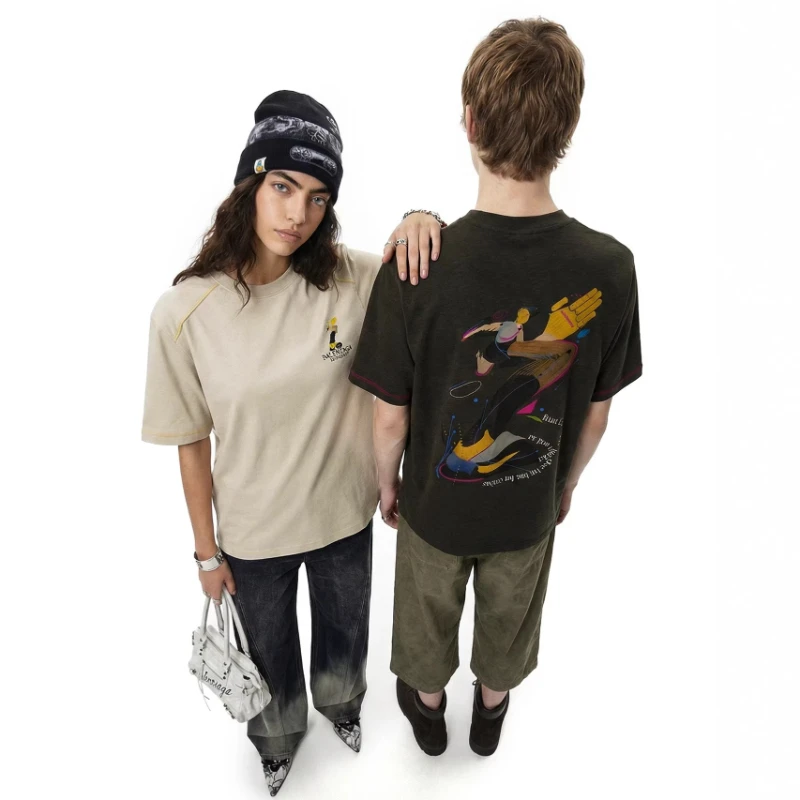 Mens T Shirt Color Block Line Print Sports Tee Harajuku Unisex Loose Fit Breathable Crew Neck Casual Streetwear Fashion Trend